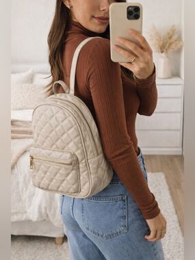 Quilted Cream Backpack Mini Chic Neutral Vegan Leather Gold Hardware Trendy
